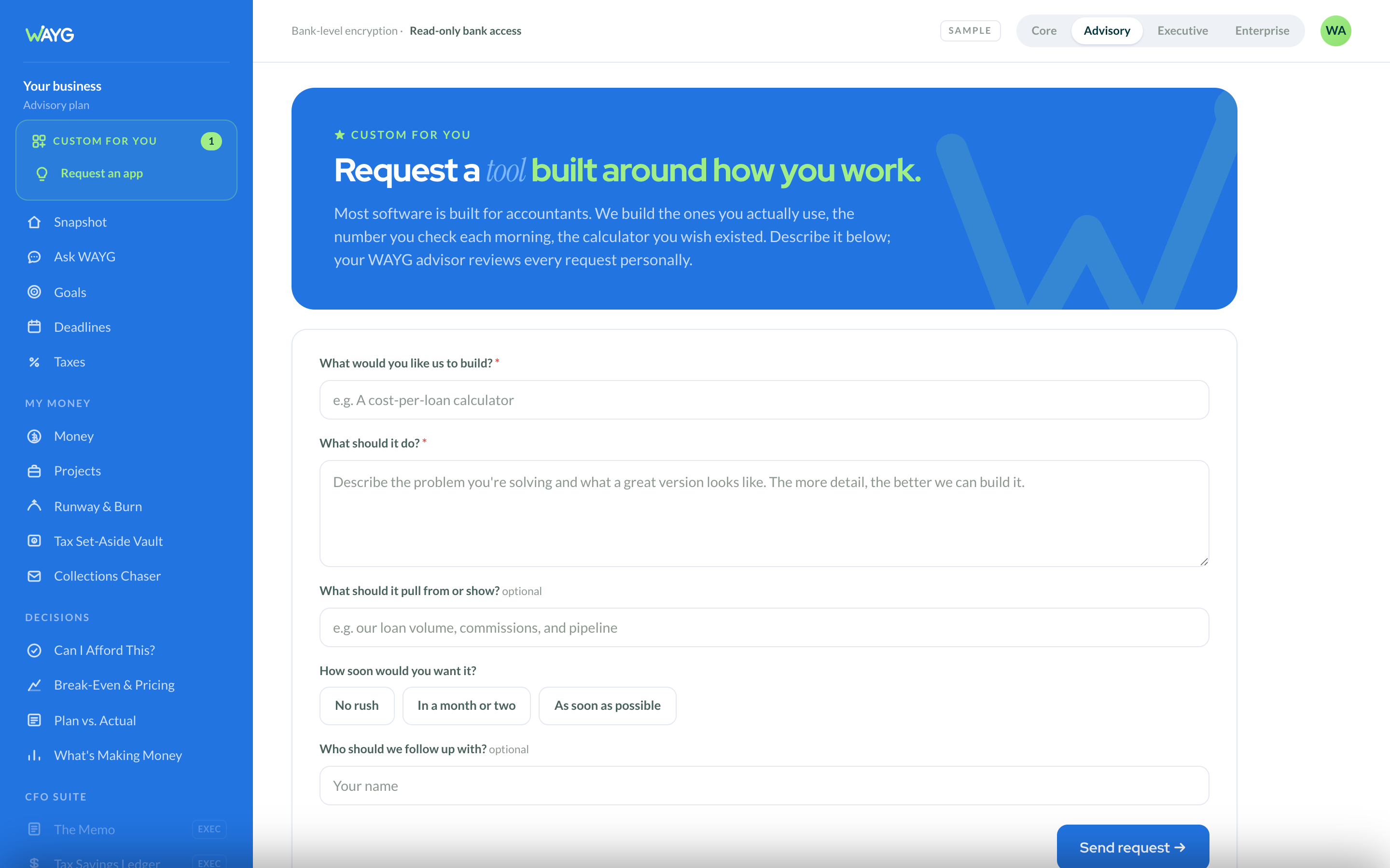 Example of a WAYG custom app inside the client portal